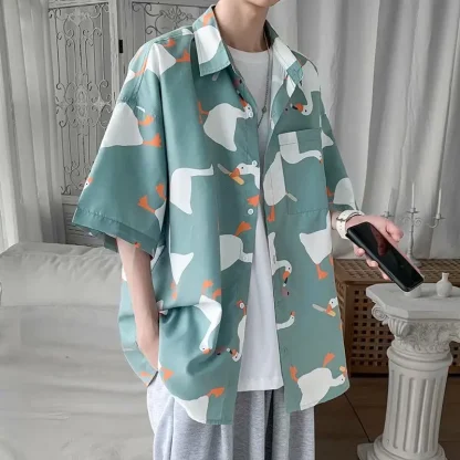 Goose Print Oversized Shirt with Short Sleeve - Image 4