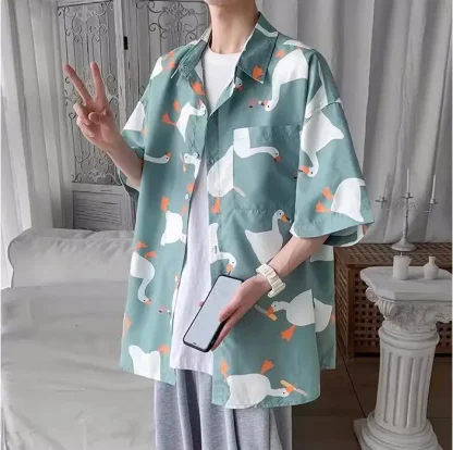 Goose Print Oversized Shirt with Short Sleeve - Image 7