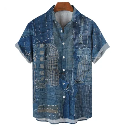 Printed Denim Shirt with Patchwork Design - Image 4