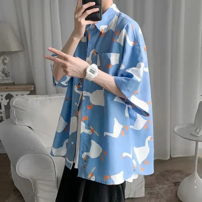 Goose Print Oversized Shirt with Short Sleeve - Image 2