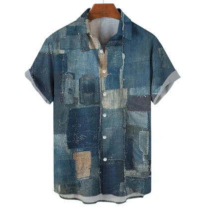 Printed Denim Shirt with Patchwork Design - Image 5