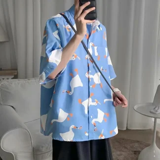Goose Print Oversized Shirt with Short Sleeve