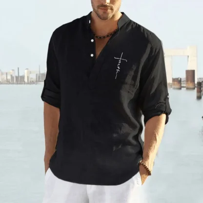 Foldable Long Sleeve Solid Henley Shirt - Image 2