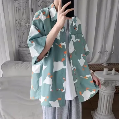 Goose Print Oversized Shirt with Short Sleeve - Image 6