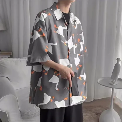 Goose Print Oversized Shirt with Short Sleeve - Image 11