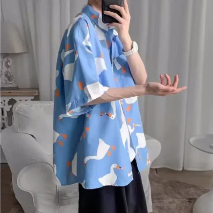 Goose Print Oversized Shirt with Short Sleeve - Image 12