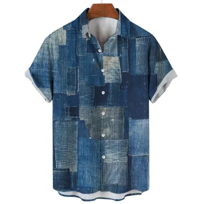 Printed Denim Shirt with Patchwork Design - Image 2