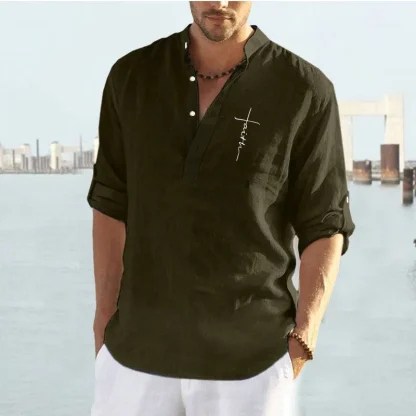 Foldable Long Sleeve Solid Henley Shirt - Image 4