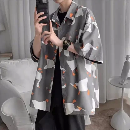 Goose Print Oversized Shirt with Short Sleeve - Image 10