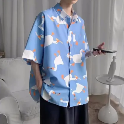 Goose Print Oversized Shirt with Short Sleeve - Image 14