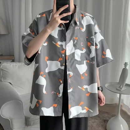 Goose Print Oversized Shirt with Short Sleeve - Image 3