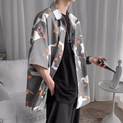 Goose Print Oversized Shirt with Short Sleeve - Image 9
