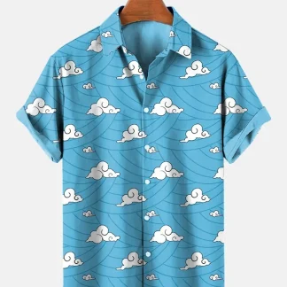 Blue Short Sleeve Shirt with Cloud Print