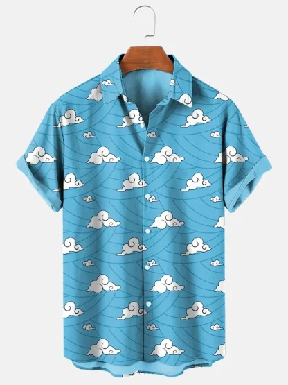 Blue Short Sleeve Shirt with Cloud Print