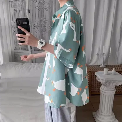 Goose Print Oversized Shirt with Short Sleeve - Image 8