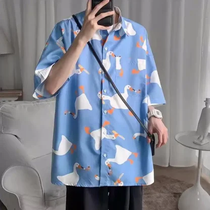 Goose Print Oversized Shirt with Short Sleeve - Image 13