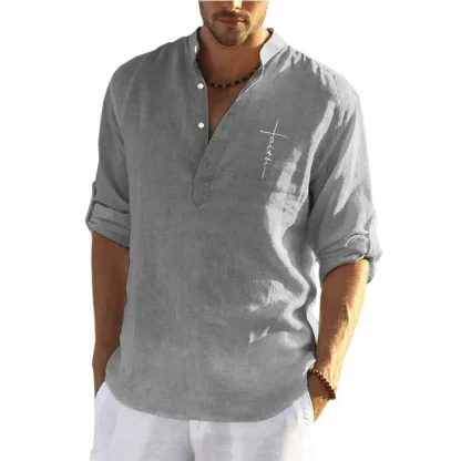 Foldable Long Sleeve Solid Henley Shirt - Image 3