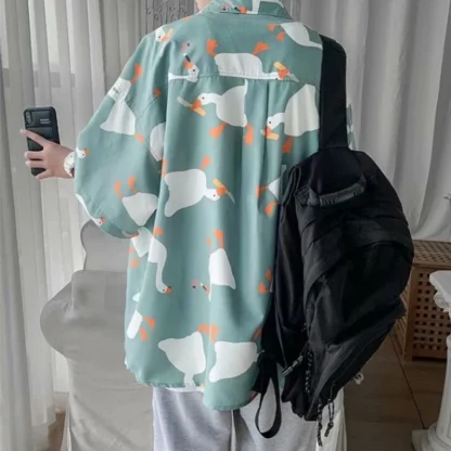 Goose Print Oversized Shirt with Short Sleeve - Image 5